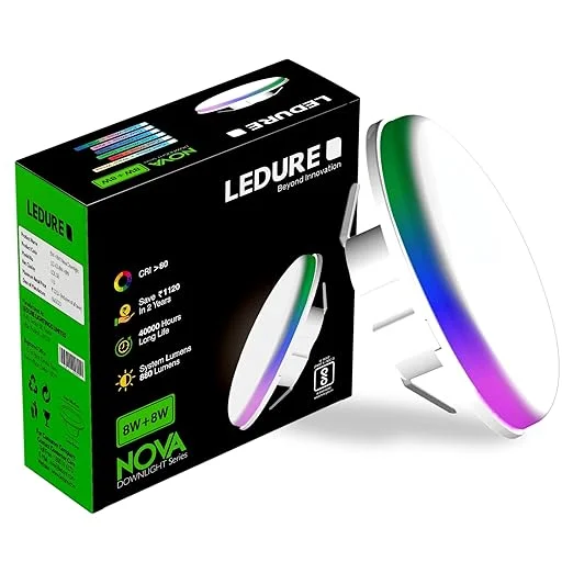 LEDURE Nova 8W+8W False Ceiling LED Downlight| 2-in1 Round Junction LED Light | Cool White+ Multi Color Pack of 1