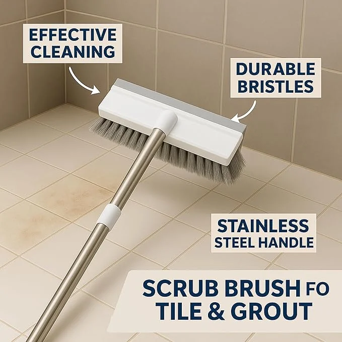Boniry Plastic 2 in 1 Bathroom Cleaning Brush with Wiper, Tile Cleaner Brush, Long Handle, White